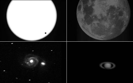 1. Sonne / 2. Vollmond / 3. "Doppelgalaxie" zwischen den Sternbildern Großer Bär und Jagdhunde / 4. Planet Saturn