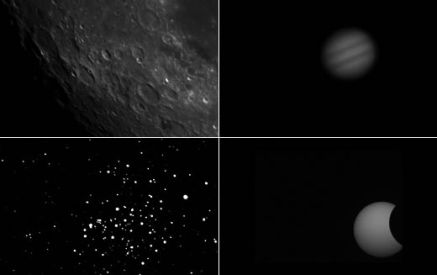 1. Halbmond / 2. Planet Jupiter / 3. Offener Sternhaufen im Sternbild Krebs / 4. Partielle Sonnenfinsternis am 31.06.2003